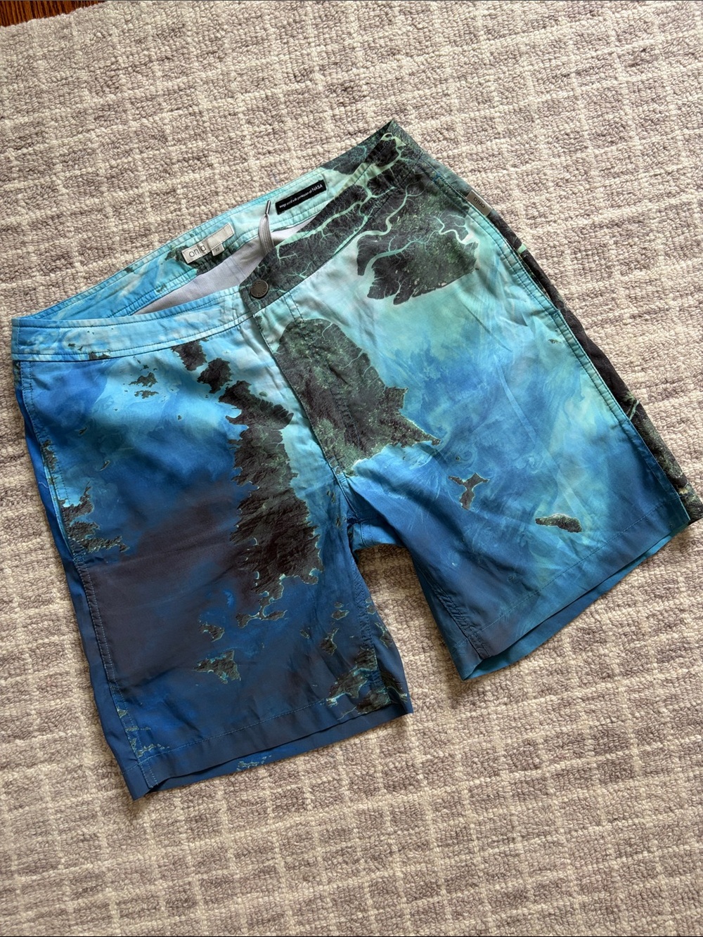 ONIA Blue and Teal Ocean-Print Swim Board Shorts